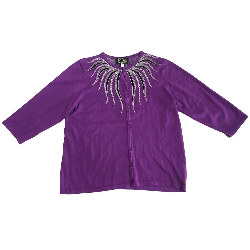 Ladies Bob Mackie Wearable Art Purple W/Sequin Flames Cardigan Sweater Size Lg